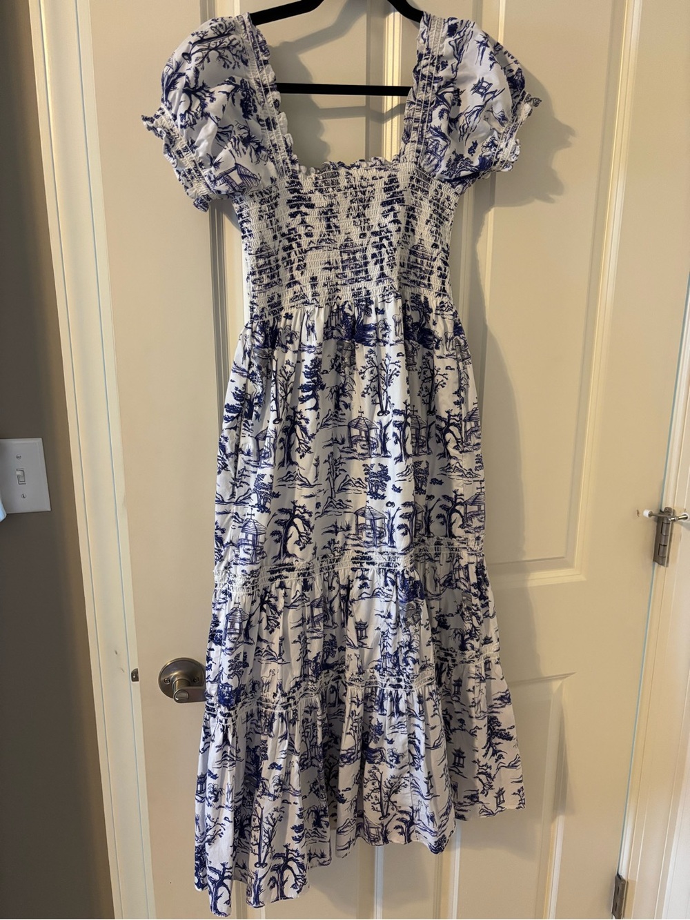 Smocked Cap-Sleeve Midi Dress in White and Blue with pockets